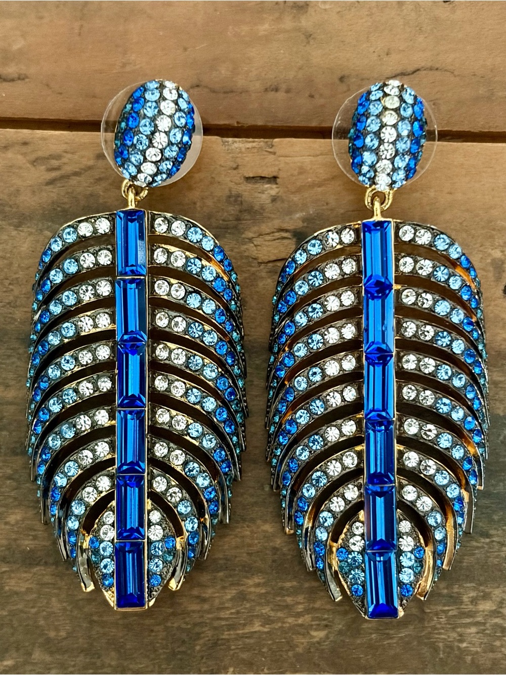 VINTAGE AKKAD BLUE RHINESTONE LEAF FEATHER DROP STATEMENT EARRINGS – 3.5"